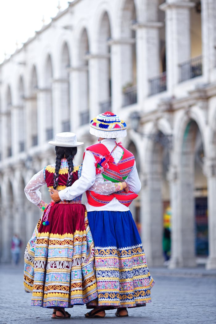 Traditional peruvian Wititi dancers in the old town of Arequipa